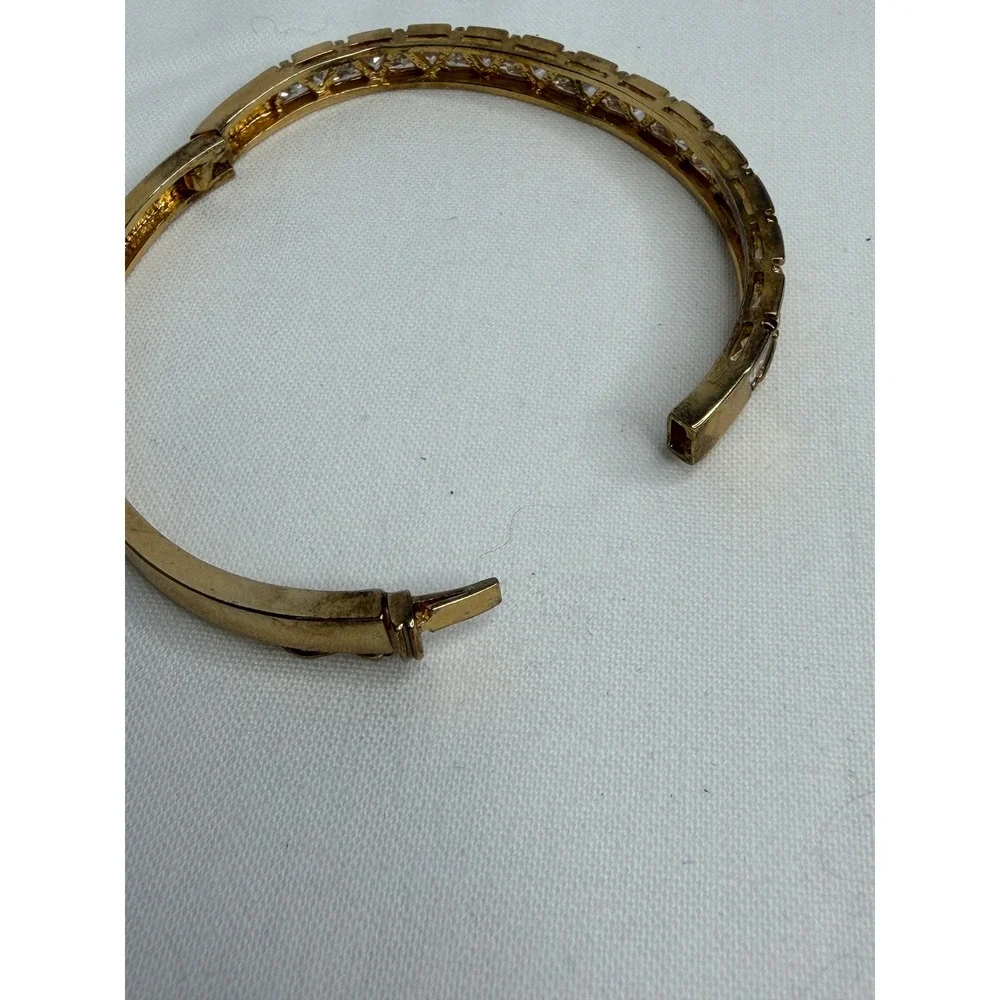 925 Sterling Silver Gold Tone Princess Cut CZ Hinged Bangle Bracelet